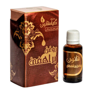 بستهبندی جعبه و بطری روغن براهمی قانون ۳۰ میلیلیتری با طراحی قهوهای و طلایی